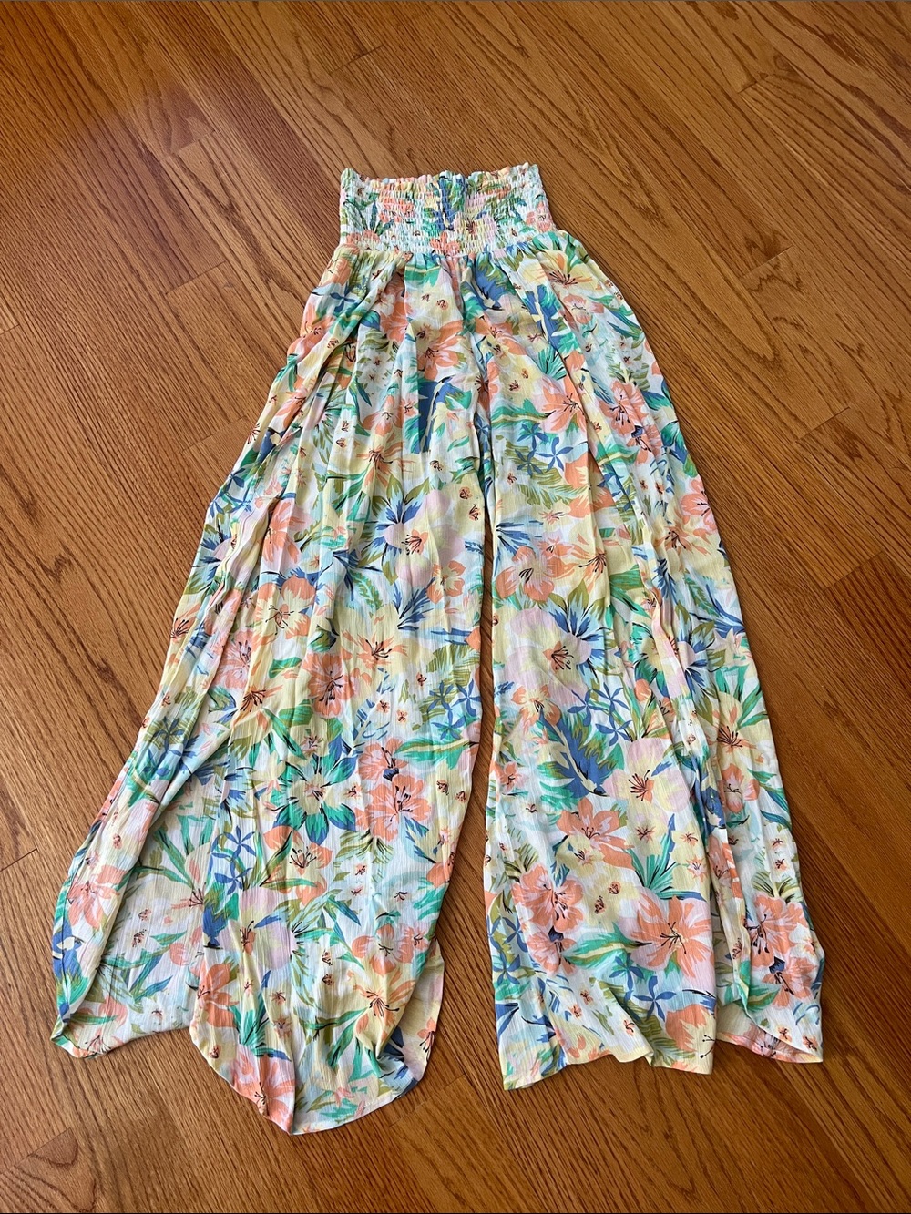 Billabong Peach & Blue Floral Wide-Leg High waist Pants small open leg beach